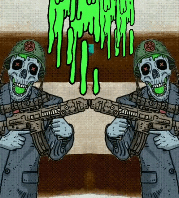 a cartoon of two skeletons holding guns with green liquid dripping from their faces
