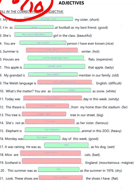 a worksheet for adjectives with a red circle around it