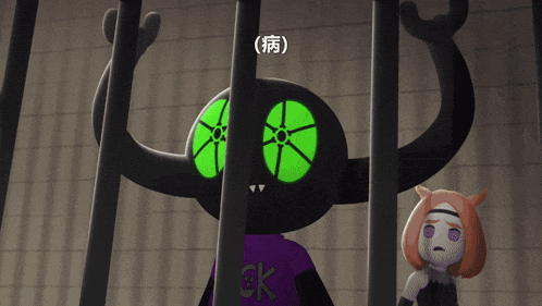 a cartoon character with green eyes and a shirt that says ok on it