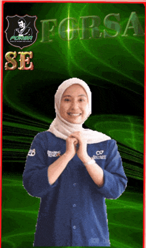 a woman wearing a hijab stands in front of a green background with the word forsa on it