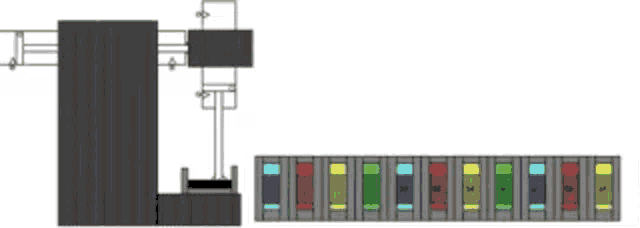 a drawing of a robotic arm and a conveyor belt with colored blocks .