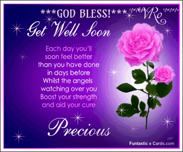 a get well soon card with two pink roses on a purple background