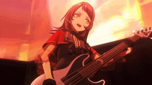 a girl in a red shirt holds a bass guitar
