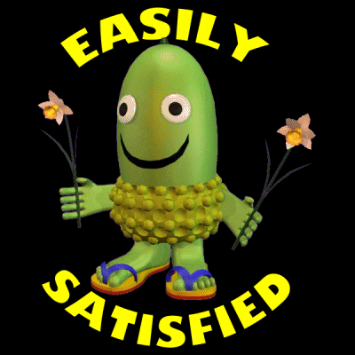 a green cartoon character holding flowers with the words easily satisfied below him