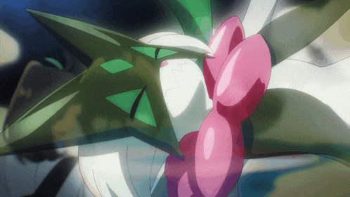 a close up of a cartoon character with a pink flower on her head