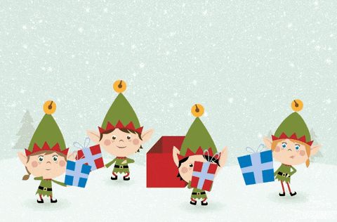 a group of elves are carrying presents in a snowy scene