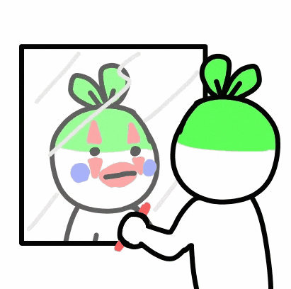 a cartoon character is looking at himself in the mirror .