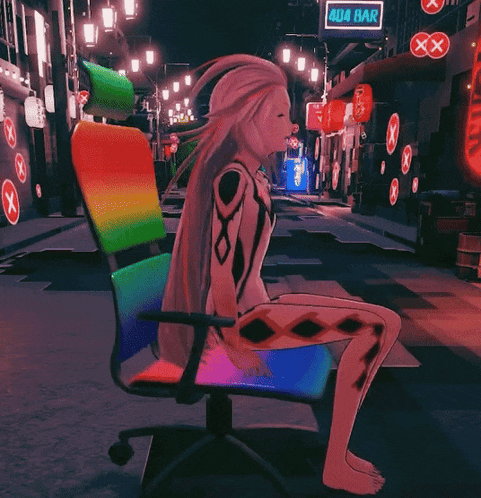 a girl sits in a chair in front of a 404 bar sign