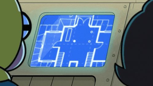 two cartoon characters looking at a blueprint on a screen