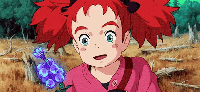 a cartoon girl with red hair is holding a bouquet of purple flowers .