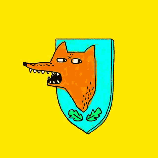a cartoon of a fox on a blue shield with green leaves