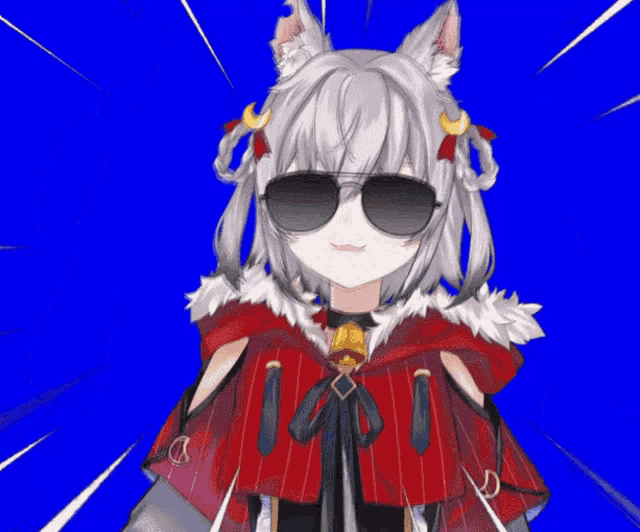 a girl with white hair and sunglasses is wearing a red cape