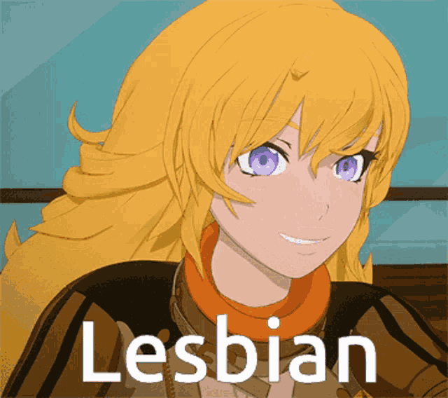 a cartoon of a girl with purple eyes and the word lesbian behind her