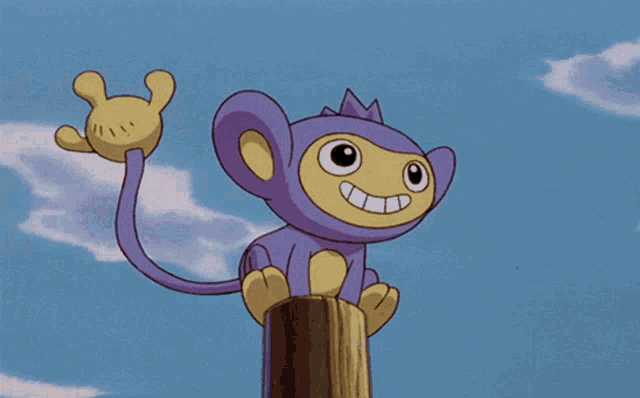 a purple and yellow cartoon monkey is sitting on a pole and waving