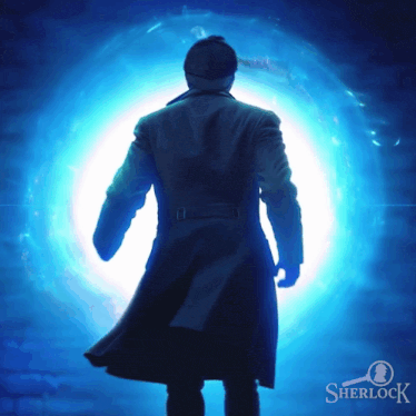 a man in a trench coat is standing in front of a blue light and a sherlock logo