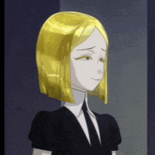 a cartoon character with yellow hair and a black shirt and tie .