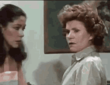 two women are talking to each other in a room .