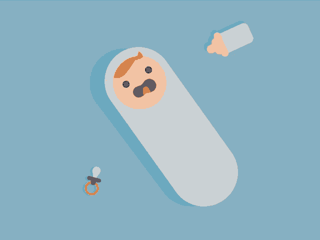 an illustration of a baby wrapped in a blanket next to a pacifier and bottle