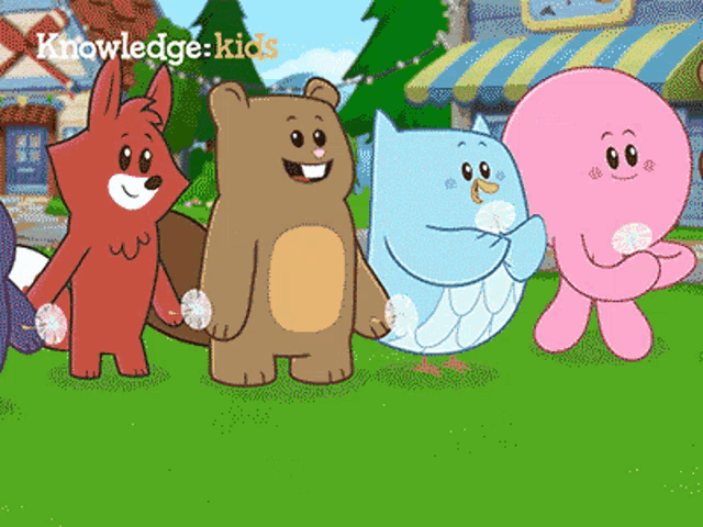 a fox a bear a cat and an octopus are standing next to each other in a knowledge kids cartoon