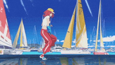 a girl in a yellow hat is dancing in front of sailboats with the number 28