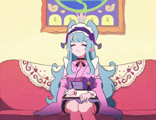 a girl with long blue hair is sitting on a couch with a book