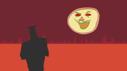 a silhouette of a man stands in front of a cartoon face with red eyes