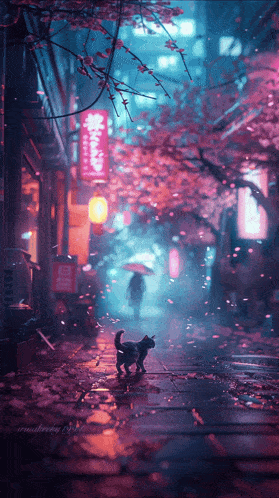 a cat walking down a street with cherry blossom trees