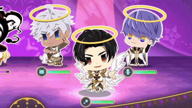 a group of cartoon characters with angel wings and halo 's on their heads .