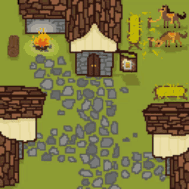 a pixel art drawing of a village with a sign that says " tavern "