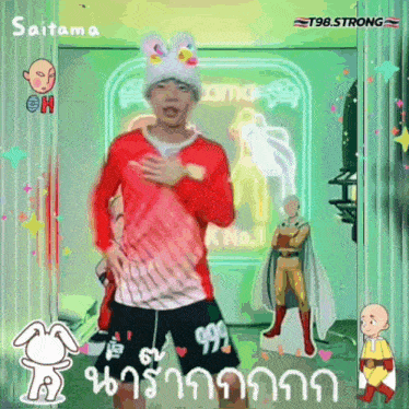 a man in a red shirt and black shorts is standing in front of a sign that says saitama on it