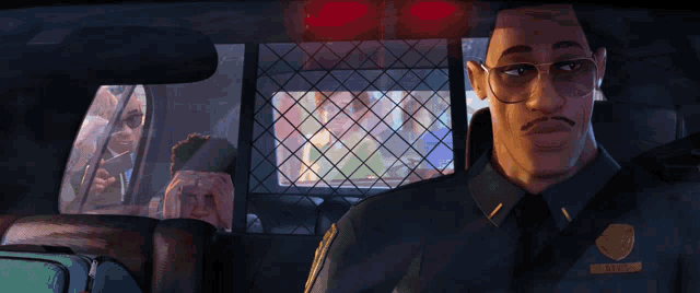 a police officer in a car with a badge that says police officer