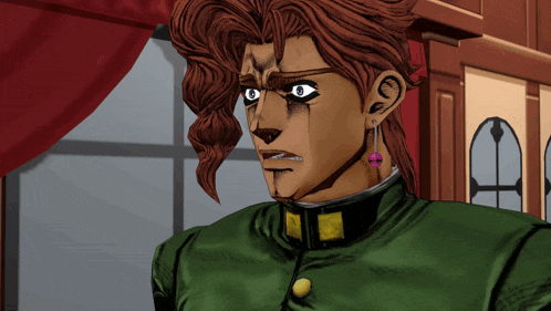 a close up of a cartoon character with red hair and earrings