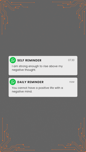 a phone screen displays a daily reminder and a self reminder message