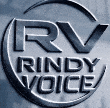 a logo for rv rindy voice is displayed on a blue background