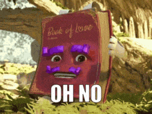 a cartoon character is holding a book of love with a face on it .