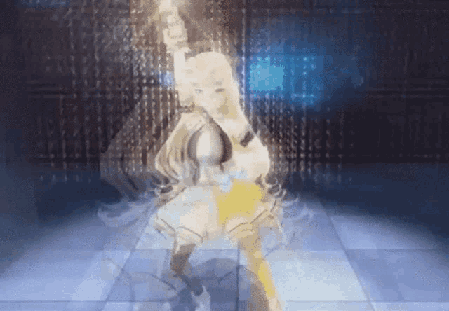 a cartoon character is dancing in a dark room
