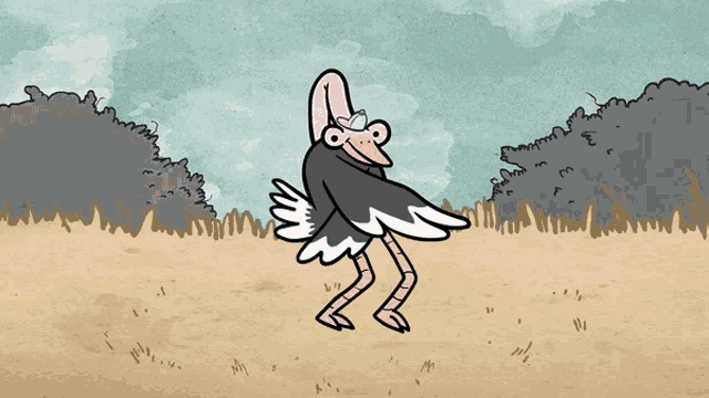 a cartoon drawing of an ostrich standing in a field