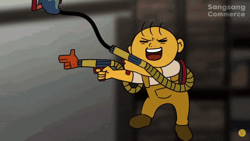 a cartoon of a man holding a gun with sangsang commerce written on the bottom right
