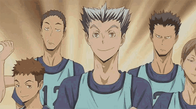 a group of anime characters are standing next to each other and smiling for the camera .