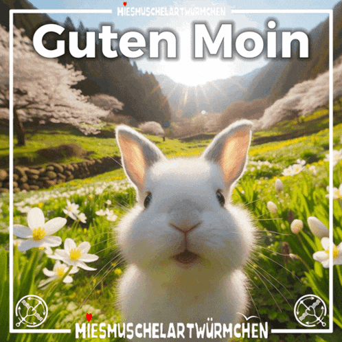 a picture of a white rabbit with the words guten moin written above it