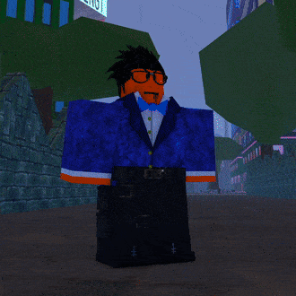 a person in a blue and orange outfit is walking down a street in a video game