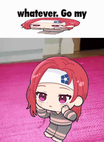 a cartoon of a girl with red hair and a headband that says " whatever go my "