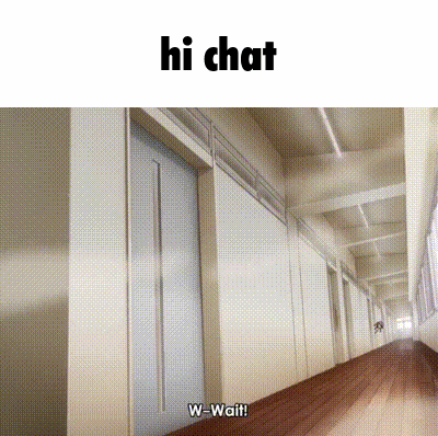 a hallway with a sign that says hi chat w wait