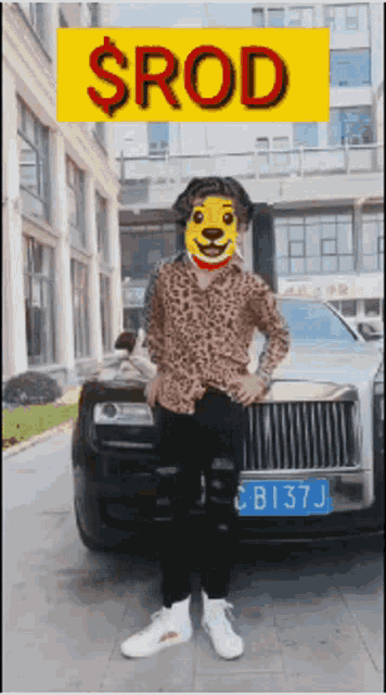 a man wearing a leopard print shirt stands in front of a car with a sign that says $ rod