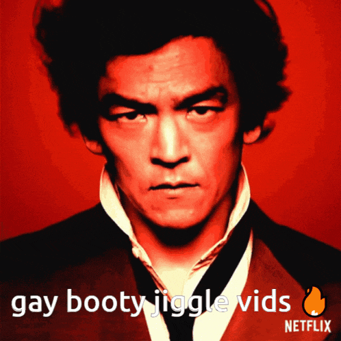 a picture of a man with the words gay booty jiggle vids