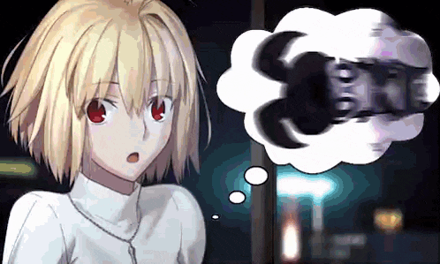 a blonde anime girl with red eyes is standing next to a thought bubble that says ' a ' on it
