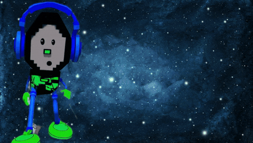 a cartoon character wearing headphones stands in front of a sign that says " to the "