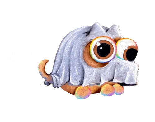 a cartoon drawing of a cat with big eyes and a tail