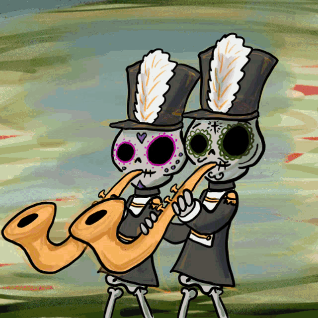 a couple of skeletons playing trumpets in a cartoon