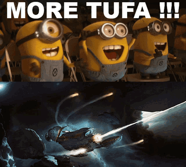 a picture of a group of minions with the words more tufa !!! above them